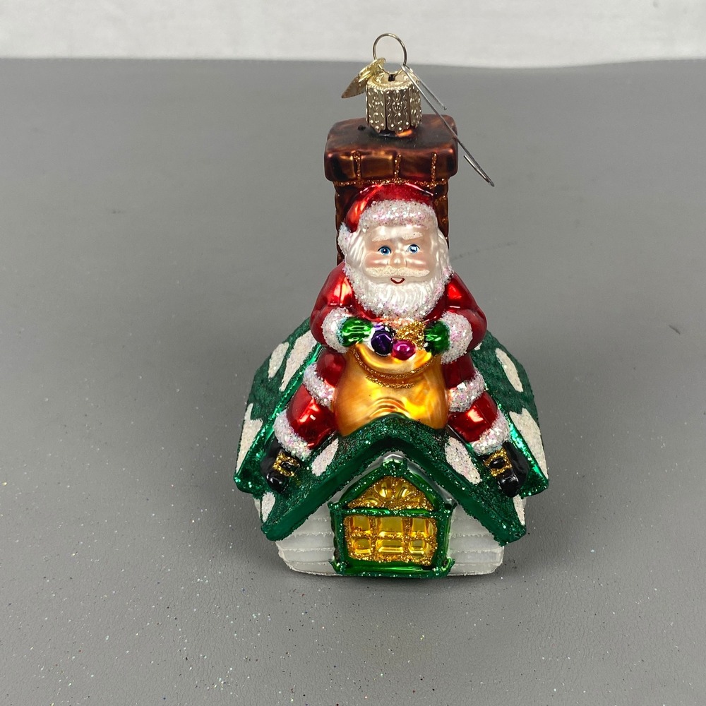 Old World Christmas Santa On Chimney Glass Holiday Ornament Glitter House OWC